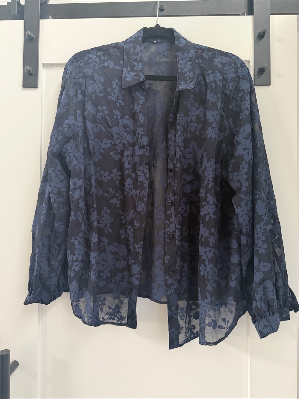 Chico's Navy Floral Sheer Button-Down Blouse